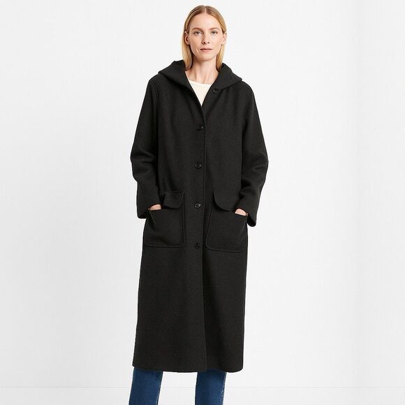 Eddie Bauer Long Hooded Winter Coat Womens XL Tall Charcoal Gray Wool button up - Picture 1 of 11